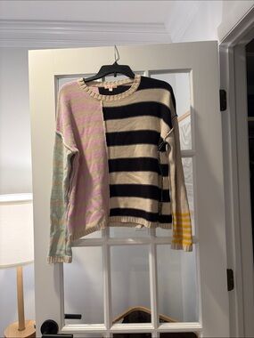Lisa Todd Multi-Stripe Crewneck Sweater in Pink, Black & Cream